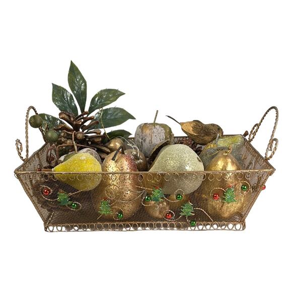 Rustic Holiday Decor Artificial Fruit Filled Gold Wire Basket Set - Picture 1 of 5